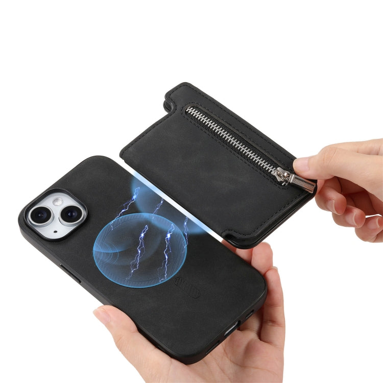 For iPhone 15 Retro MagSafe Zipper Wallet Card Bag Back Phone Case(Black) - iPhone 15 Cases by buy2fix | Online Shopping UK | buy2fix