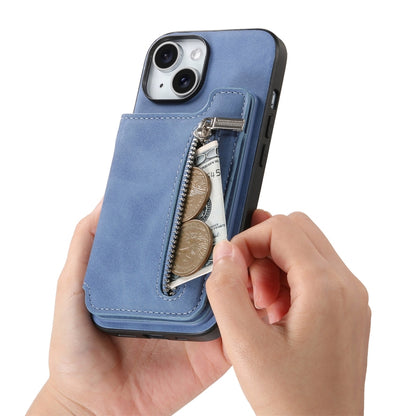 For iPhone 14 Retro MagSafe Zipper Wallet Card Bag Back Phone Case(Blue) - iPhone 14 Cases by buy2fix | Online Shopping UK | buy2fix
