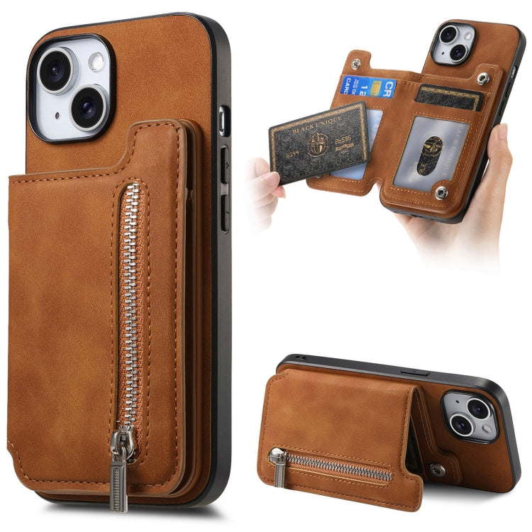 For iPhone 14 Retro MagSafe Zipper Wallet Card Bag Back Phone Case(Brown) - iPhone 14 Cases by buy2fix | Online Shopping UK | buy2fix