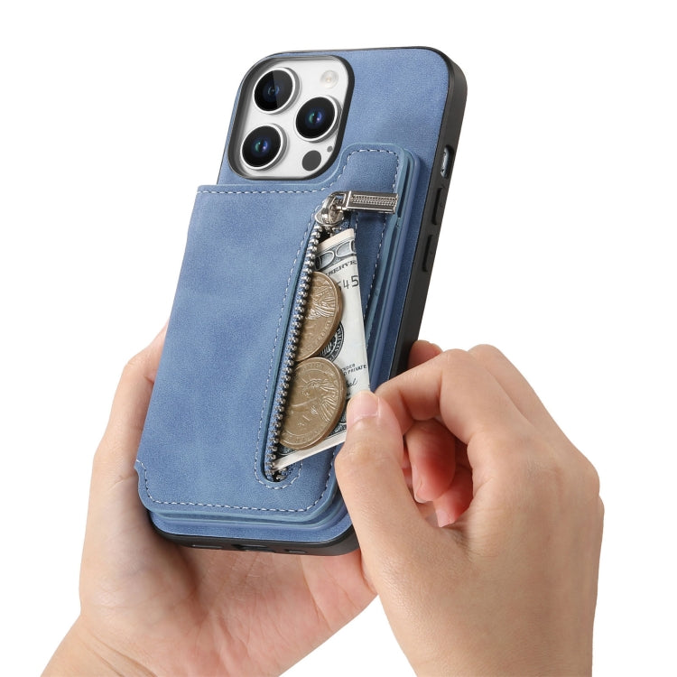 For iPhone 12 Pro Max Retro MagSafe Zipper Wallet Card Bag Back Phone Case(Blue) - iPhone 12 Pro Max Cases by buy2fix | Online Shopping UK | buy2fix