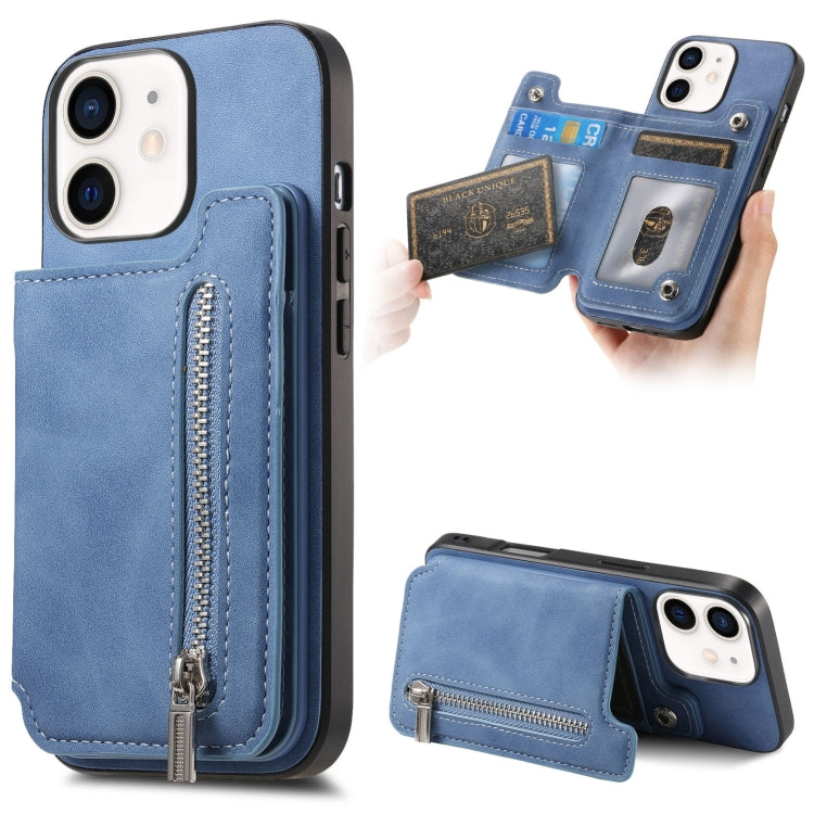 For iPhone 11 Retro MagSafe Zipper Wallet Card Bag Back Phone Case(Blue) - iPhone 11 Cases by buy2fix | Online Shopping UK | buy2fix