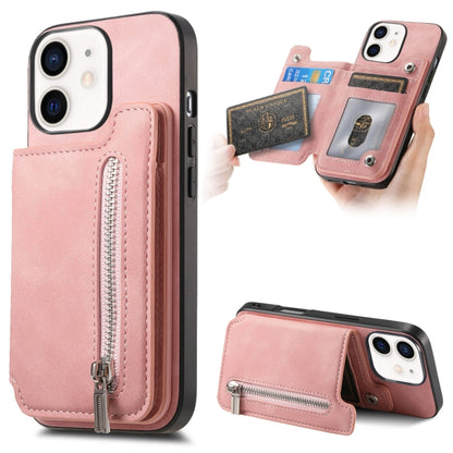 For iPhone 11 Retro MagSafe Zipper Wallet Card Bag Back Phone Case(Pink) - iPhone 11 Cases by buy2fix | Online Shopping UK | buy2fix