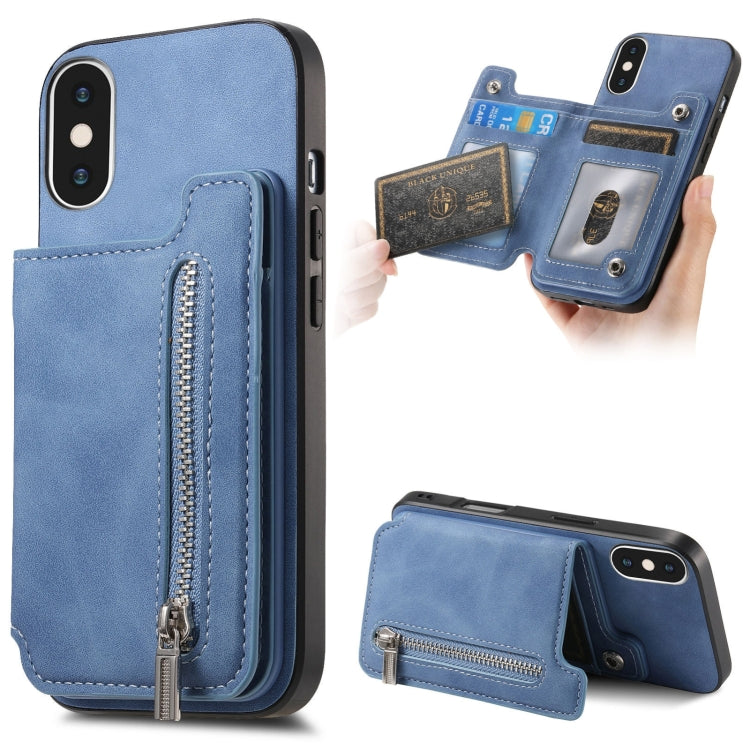 For iPhone XS Max Retro MagSafe Zipper Wallet Card Bag Back Phone Case(Blue) - More iPhone Cases by buy2fix | Online Shopping UK | buy2fix