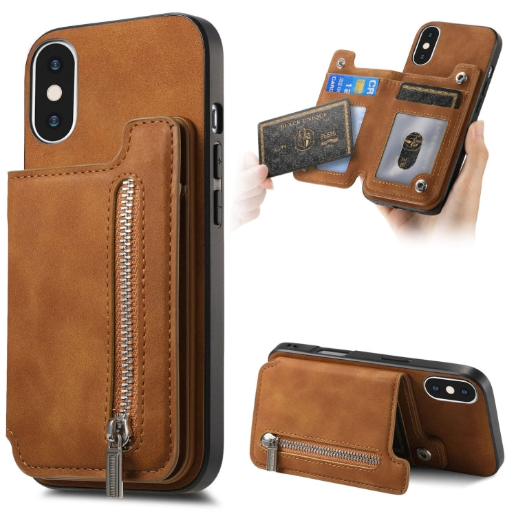 For iPhone XS Max Retro MagSafe Zipper Wallet Card Bag Back Phone Case(Brown) - More iPhone Cases by buy2fix | Online Shopping UK | buy2fix