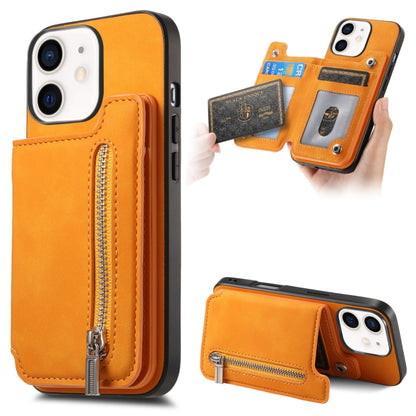 For iPhone 12 / 12 Pro Retro MagSafe Zipper Wallet Card Bag Back Phone Case(Yellow) - More iPhone Cases by buy2fix | Online Shopping UK | buy2fix