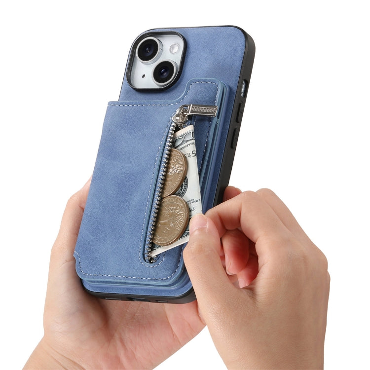 For iPhone 12 / 12 Pro Retro MagSafe Zipper Wallet Card Bag Back Phone Case(Blue) - More iPhone Cases by buy2fix | Online Shopping UK | buy2fix