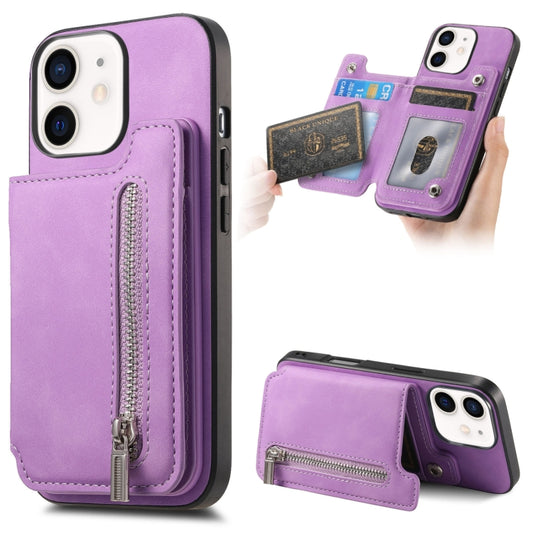 For iPhone 12 / 12 Pro Retro MagSafe Zipper Wallet Card Bag Back Phone Case(Purple) - More iPhone Cases by buy2fix | Online Shopping UK | buy2fix