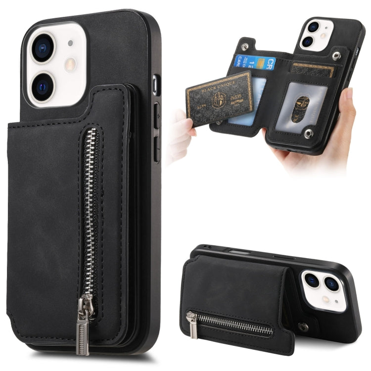 For iPhone 12 / 12 Pro Retro MagSafe Zipper Wallet Card Bag Back Phone Case(Black) - More iPhone Cases by buy2fix | Online Shopping UK | buy2fix