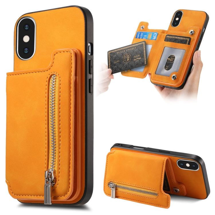 For iPhone X / XS Retro MagSafe Zipper Wallet Card Bag Back Phone Case(Yellow) - More iPhone Cases by buy2fix | Online Shopping UK | buy2fix