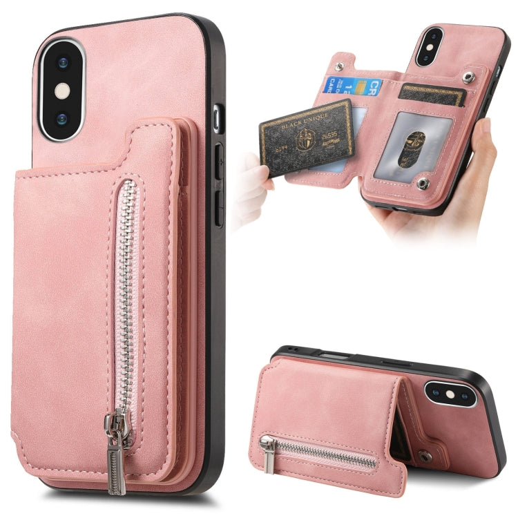 For iPhone X / XS Retro MagSafe Zipper Wallet Card Bag Back Phone Case(Pink) - More iPhone Cases by buy2fix | Online Shopping UK | buy2fix