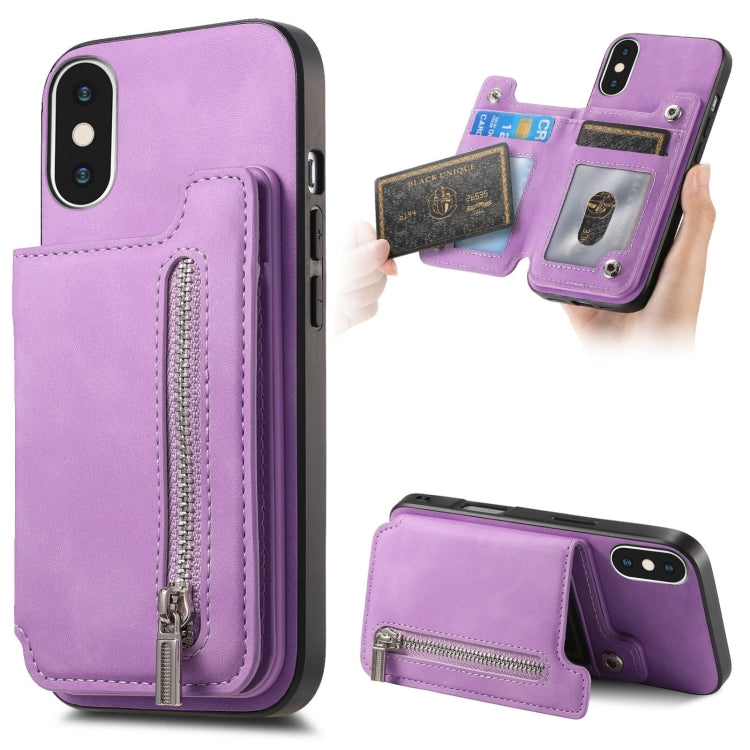 For iPhone X / XS Retro MagSafe Zipper Wallet Card Bag Back Phone Case(Purple) - More iPhone Cases by buy2fix | Online Shopping UK | buy2fix