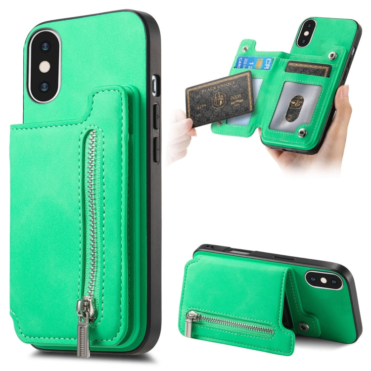 For iPhone X / XS Retro MagSafe Zipper Wallet Card Bag Back Phone Case(Green) - More iPhone Cases by buy2fix | Online Shopping UK | buy2fix