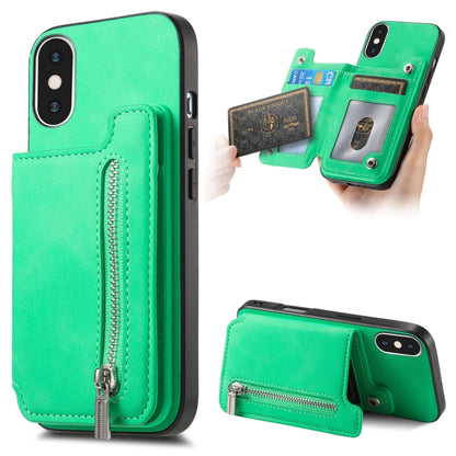 For iPhone X / XS Retro MagSafe Zipper Wallet Card Bag Back Phone Case(Green) - More iPhone Cases by buy2fix | Online Shopping UK | buy2fix