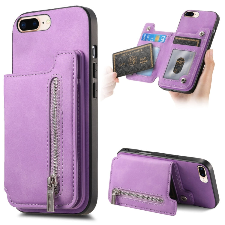 For iPhone 7 Plus / 8 Plus Retro MagSafe Zipper Wallet Card Bag Back Phone Case(Purple) - More iPhone Cases by buy2fix | Online Shopping UK | buy2fix