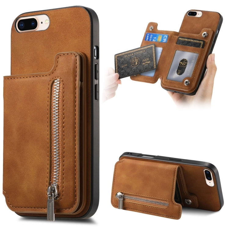 For iPhone 7 Plus / 8 Plus Retro MagSafe Zipper Wallet Card Bag Back Phone Case(Brown) - More iPhone Cases by buy2fix | Online Shopping UK | buy2fix