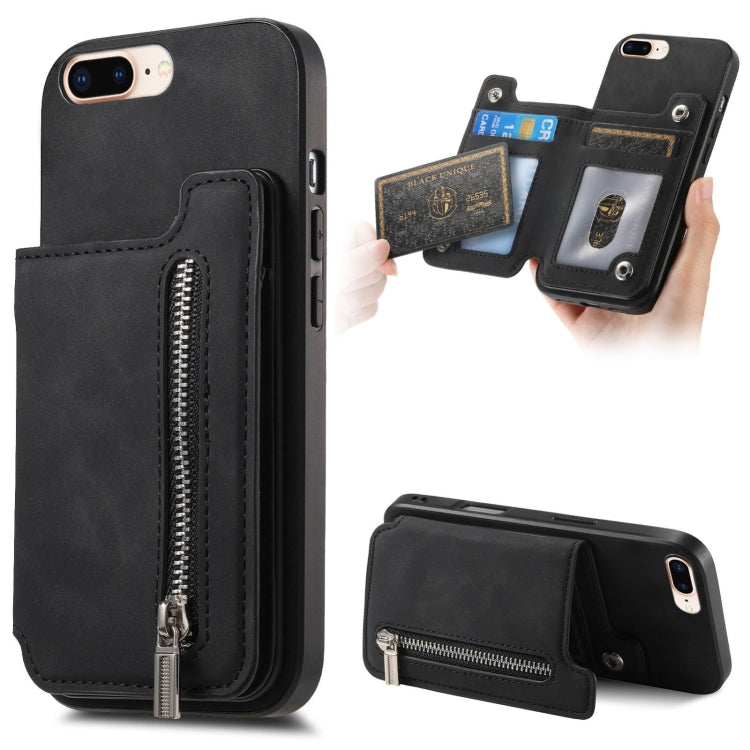 For iPhone 7 Plus / 8 Plus Retro MagSafe Zipper Wallet Card Bag Back Phone Case(Black) - More iPhone Cases by buy2fix | Online Shopping UK | buy2fix