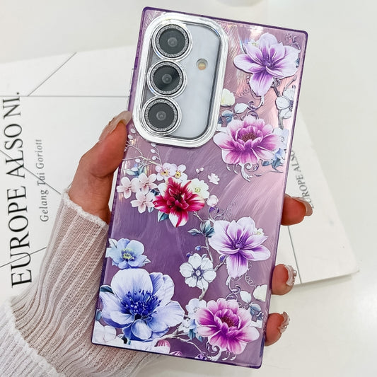 For Samsung Galaxy S25 5G Electroplating Flowers Plants Texture TPU Phone Case(Purple Flowers FL1) by buy2fix