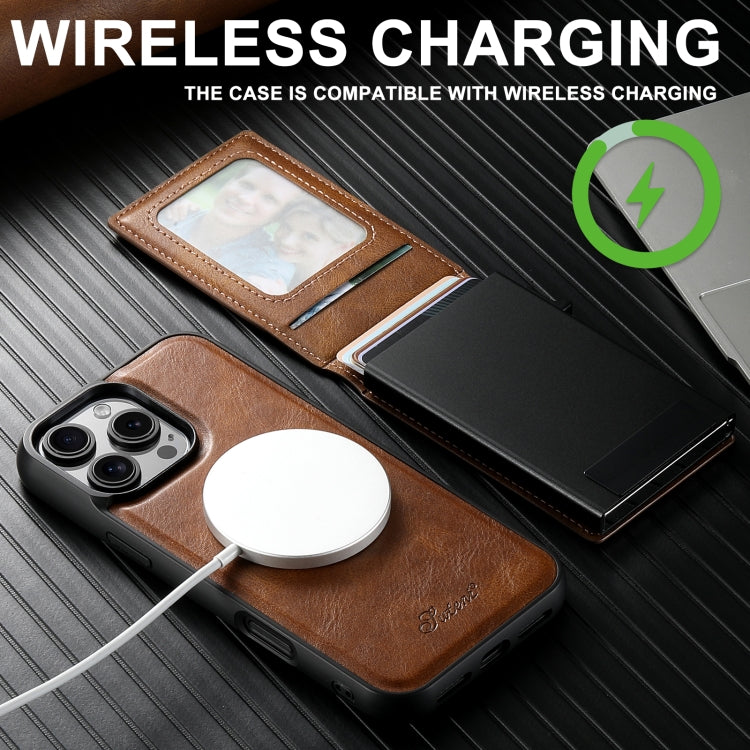 For iPhone 15 Pro Max Suteni H19 Oil Wax 2-in-1 MagSafe Removable Card Box Back Phone Case(Brown) - iPhone 15 Pro Max Cases by Suteni | Online Shopping UK | buy2fix
