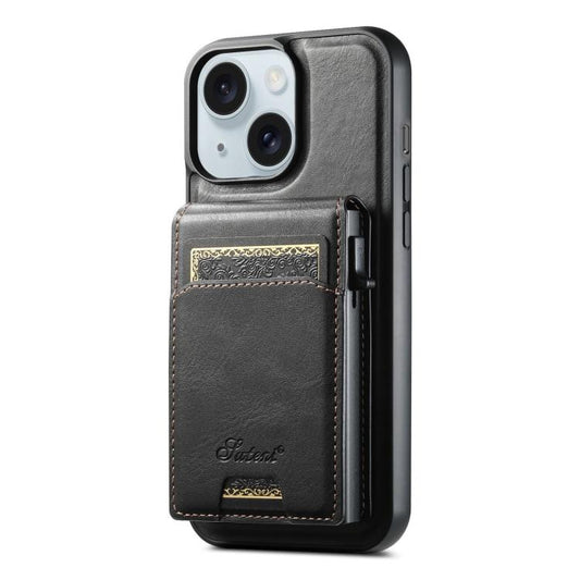 For iPhone 15 Suteni H19 Oil Wax 2-in-1 MagSafe Removable Card Box Back Phone Case(Black) - iPhone 15 Cases by Suteni | Online Shopping UK | buy2fix