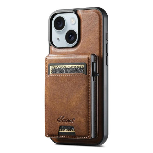 For iPhone 15 Suteni H19 Oil Wax 2-in-1 MagSafe Removable Card Box Back Phone Case(Brown) - iPhone 15 Cases by Suteni | Online Shopping UK | buy2fix