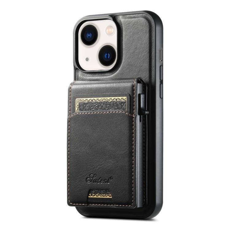 For iPhone 13 Suteni H19 Oil Wax 2-in-1 MagSafe Removable Card Box Back Phone Case(Black) - iPhone 13 Cases by Suteni | Online Shopping UK | buy2fix