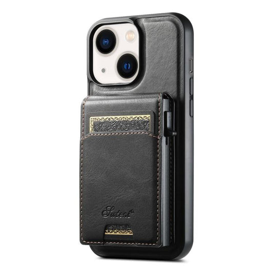 For iPhone 13 Suteni H19 Oil Wax 2-in-1 MagSafe Removable Card Box Back Phone Case(Black) - iPhone 13 Cases by Suteni | Online Shopping UK | buy2fix
