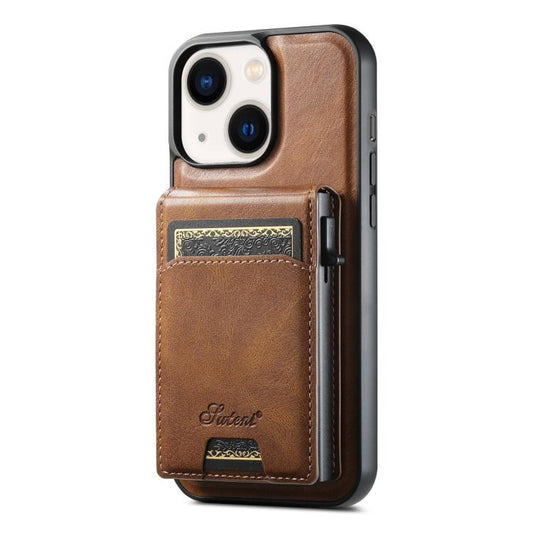 For iPhone 13 Suteni H19 Oil Wax 2-in-1 MagSafe Removable Card Box Back Phone Case(Brown) - iPhone 13 Cases by Suteni | Online Shopping UK | buy2fix