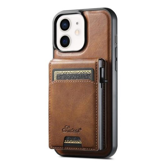For iPhone 12 Suteni H19 Oil Wax 2-in-1 MagSafe Removable Card Box Back Phone Case(Brown) - iPhone 12 / 12 Pro Cases by Suteni | Online Shopping UK | buy2fix