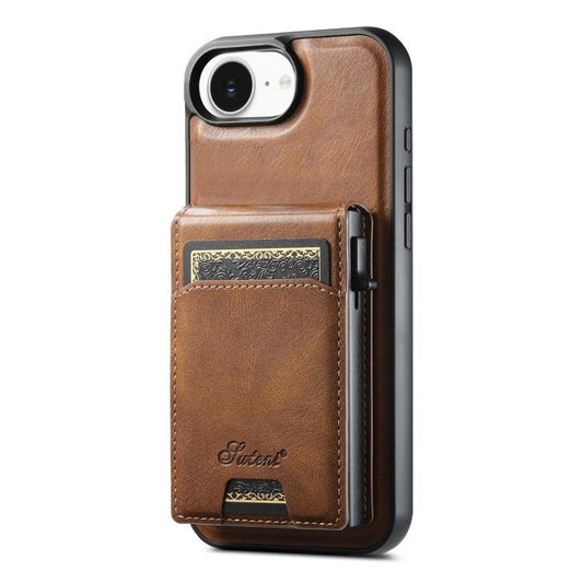 For iPhone 16e Suteni H19 Oil Wax 2-in-1 MagSafe Removable Card Box Back Phone Case(Brown) - iPhone 16e Cases by Suteni | Online Shopping UK | buy2fix