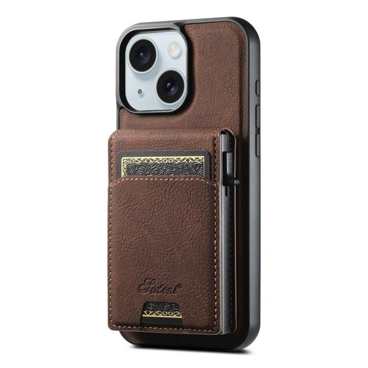 For iPhone 15 Suteni H19 Litchi Grain 2-in-1 MagSafe Removable Card Box Back Phone Case(Brown) - iPhone 15 Cases by Suteni | Online Shopping UK | buy2fix