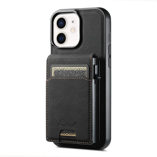 For iPhone 12 Suteni H19 Litchi Grain 2-in-1 MagSafe Removable Card Box Back Phone Case(Black) - iPhone 12 / 12 Pro Cases by Suteni | Online Shopping UK | buy2fix