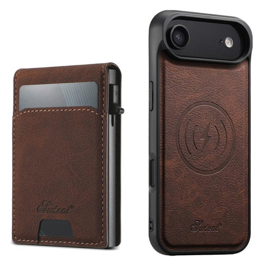 For iPhone Air Suteni H19 Litchi Grain 2-in-1 MagSafe Removable Card Box Back Phone Case(Brown)