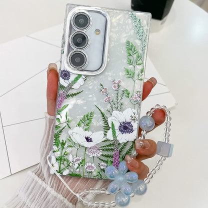 For Samsung Galaxy S25 5G Electroplating Flowers Plants Texture Wristband TPU Phone Case(Green Plants FL5) by buy2fix