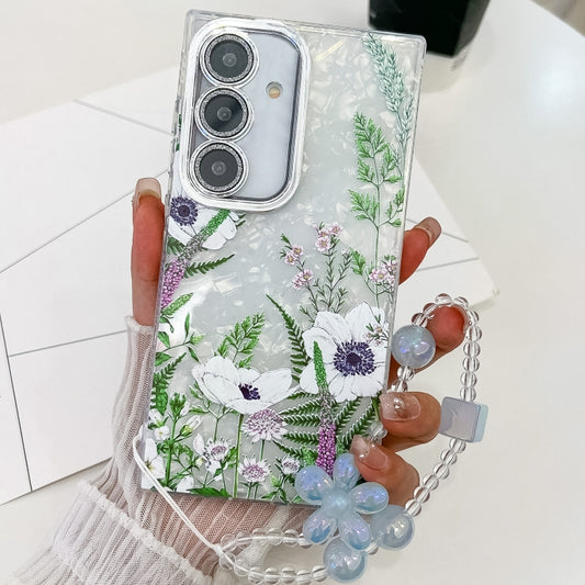 For Samsung Galaxy S25 5G Electroplating Flowers Plants Texture Wristband TPU Phone Case(Green Plants FL5) by buy2fix