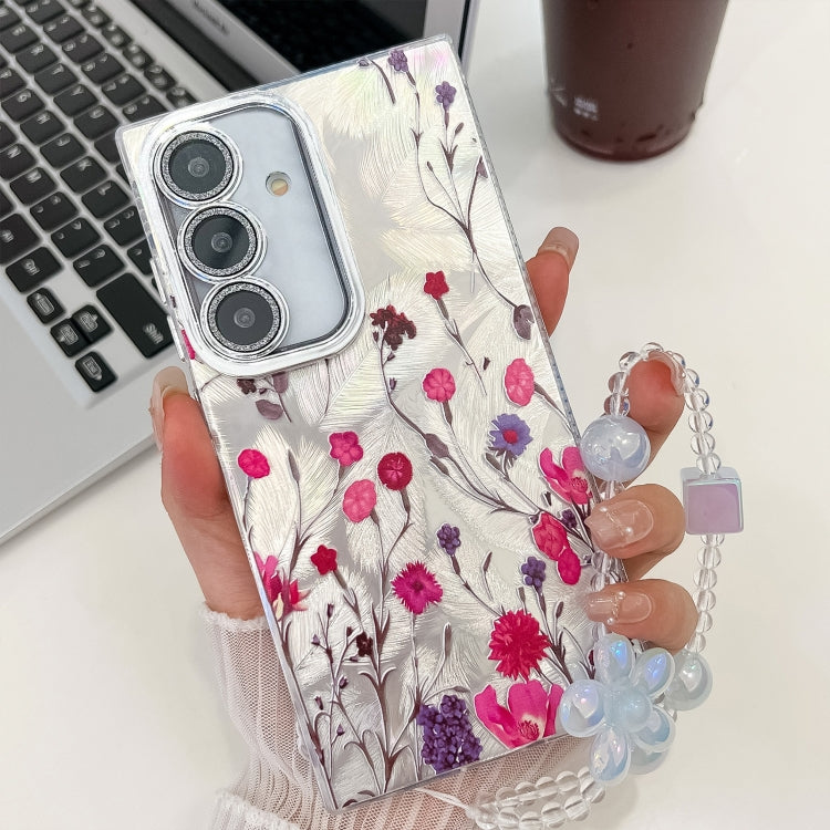 For Samsung Galaxy S25 5G Electroplating Flowers Plants Texture Wristband TPU Phone Case(Carnation FL7) by buy2fix