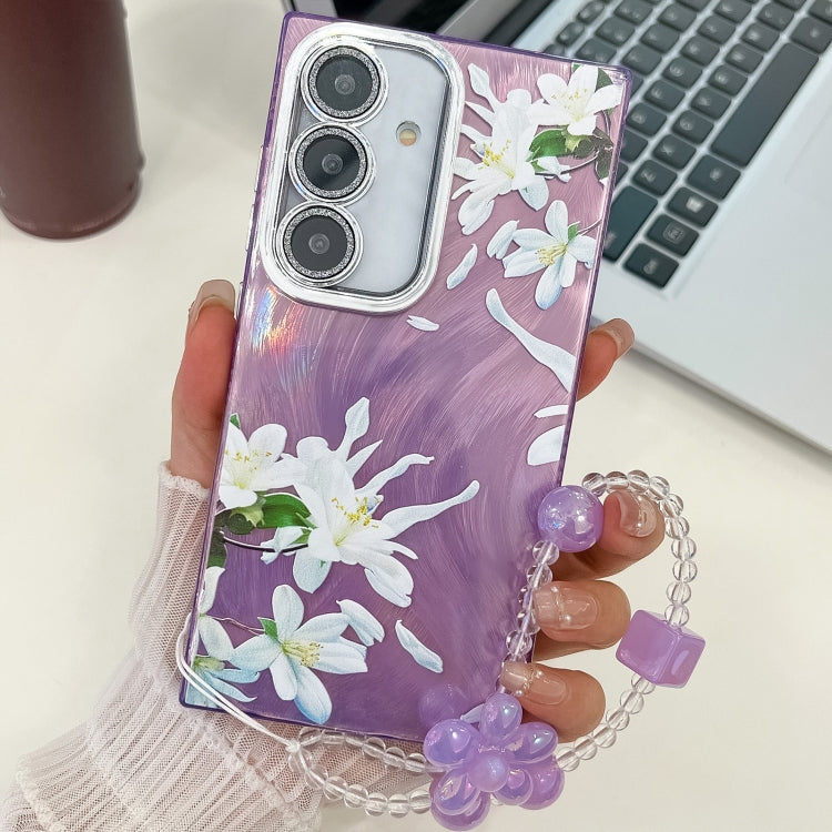 For Samsung Galaxy S25 5G Electroplating Flowers Plants Texture Wristband TPU Phone Case(Gardenia FL15) by buy2fix