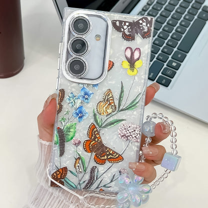 For Samsung Galaxy S25 5G Electroplating Flowers Plants Texture Wristband TPU Phone Case(Butterfly Love Flower FL17) by buy2fix
