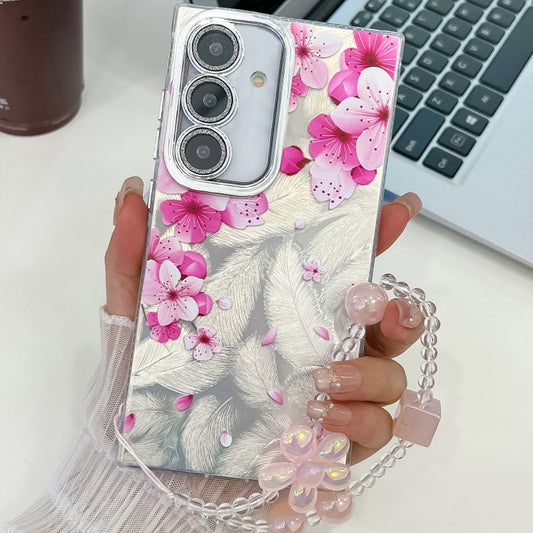 For Samsung Galaxy S25 5G Electroplating Flowers Plants Texture Wristband TPU Phone Case(Peach Blossom FL18) by buy2fix