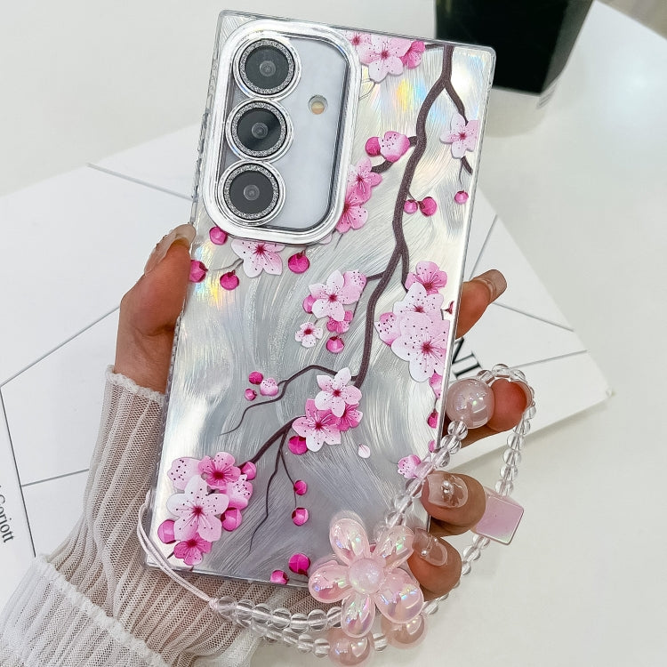 For Samsung Galaxy S25+ 5G Electroplating Flowers Plants Texture Wristband TPU Phone Case(Plum Flower FL6) by buy2fix