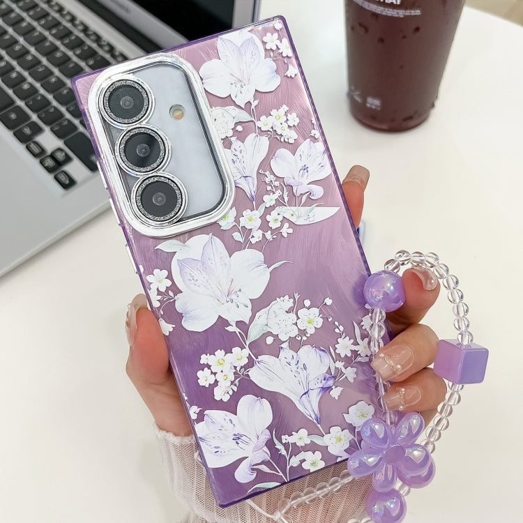 For Samsung Galaxy S25+ 5G Electroplating Flowers Plants Texture Wristband TPU Phone Case(Pale Purple FlowerFL11) by buy2fix
