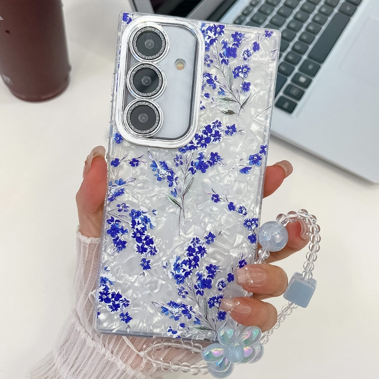 For Samsung Galaxy S25+ 5G Electroplating Flowers Plants Texture Wristband TPU Phone Case(Blue Flower FL13) by buy2fix
