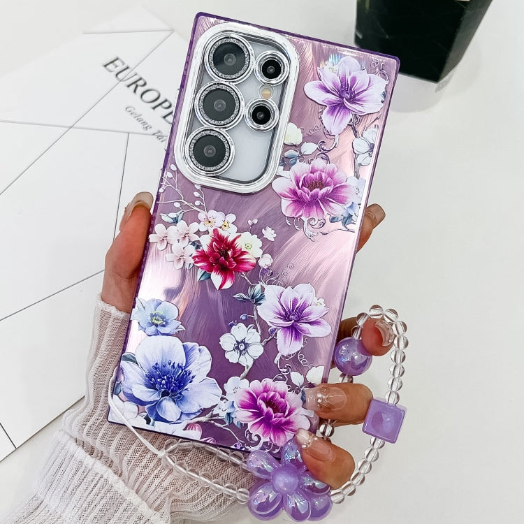 For Samsung Galaxy S25 Ultra 5G Electroplating Flowers Plants Texture Wristband TPU Phone Case(Purple Flowers FL1) by buy2fix