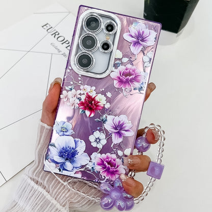 For Samsung Galaxy S25 Ultra 5G Electroplating Flowers Plants Texture Wristband TPU Phone Case(Purple Flowers FL1) by buy2fix