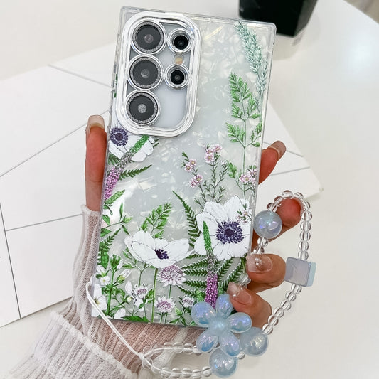 For Samsung Galaxy S25 Ultra 5G Electroplating Flowers Plants Texture Wristband TPU Phone Case(Green Plants FL5) by buy2fix