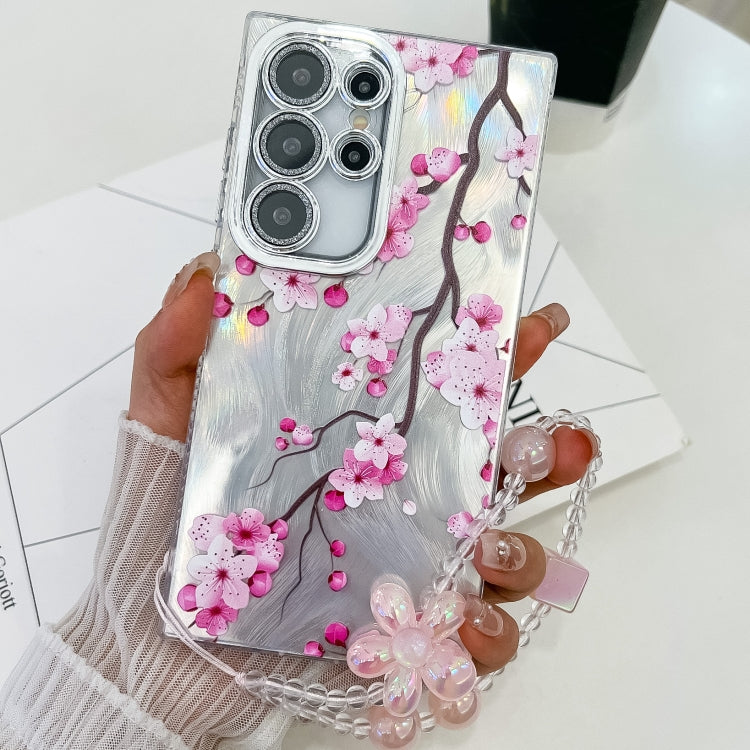 For Samsung Galaxy S25 Ultra 5G Electroplating Flowers Plants Texture Wristband TPU Phone Case(Plum Flower FL6) by buy2fix