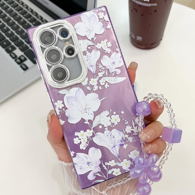 For Samsung Galaxy S25 Ultra 5G Electroplating Flowers Plants Texture Wristband TPU Phone Case(Pale Purple FlowerFL11) by buy2fix