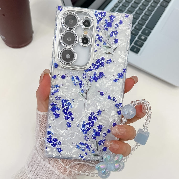 For Samsung Galaxy S25 Ultra 5G Electroplating Flowers Plants Texture Wristband TPU Phone Case(Blue Flower FL13) by buy2fix