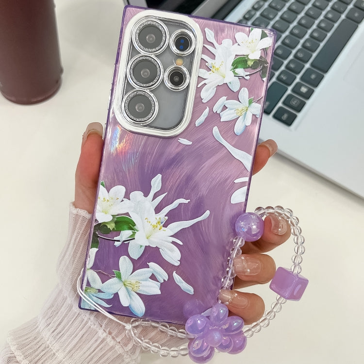 For Samsung Galaxy S25 Ultra 5G Electroplating Flowers Plants Texture Wristband TPU Phone Case(Gardenia FL15) by buy2fix