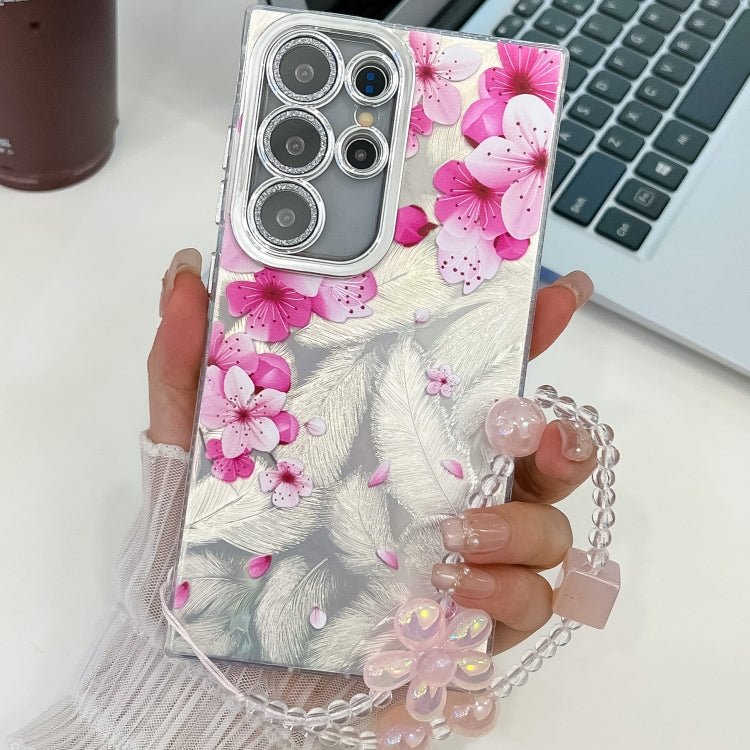 For Samsung Galaxy S25 Ultra 5G Electroplating Flowers Plants Texture Wristband TPU Phone Case(Peach Blossom FL18) by buy2fix