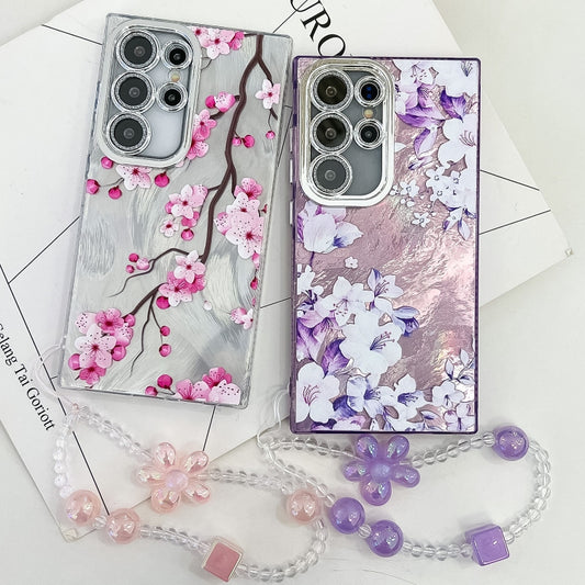For Samsung Galaxy S25 5G Electroplating Flowers Plants Texture Wristband TPU Phone Case(Sakura FL12) by buy2fix